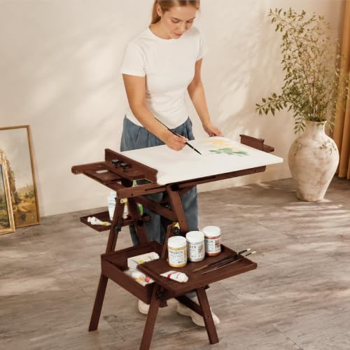 MEEDEN Painting Easel with Storage: H-Frame Beech Wood Art Easel for Adults, Artists, Students, Beginners - Adjustable 50"-80" H, Holds Canvas Up to 47 Inches - color: Deep Walnut