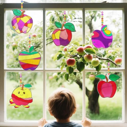 Ayhuhra 30 Sets Apple Suncatche Craft Kits Blank Back to School Sun Catcher DIY Window Paint Art Sets for First Day of School Supplies Home Party Activities Art Project - style: Apple