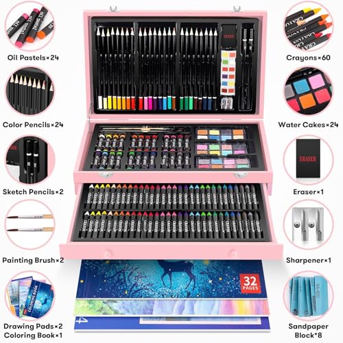 iBayam Christmas| Birthday Gifts for Kids Teen Girls Trendy Stuff 6-16 Year Old, 150-Pack Art Set Kits with 2 Sketch Pads, Coloring Book, Stocking Stuffers for Teens Girls, Cute Cool Fun Crafts Gifts - color: Pink