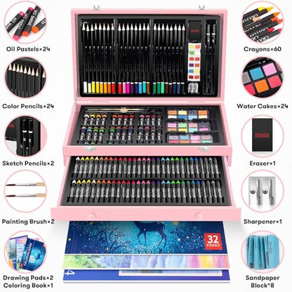 iBayam Christmas| Birthday Gifts for Kids Teen Girls Trendy Stuff 6-16 Year Old, 150-Pack Art Set Kits with 2 Sketch Pads, Coloring Book, Stocking Stuffers for Teens Girls, Cute Cool Fun Crafts Gifts - color: Pink