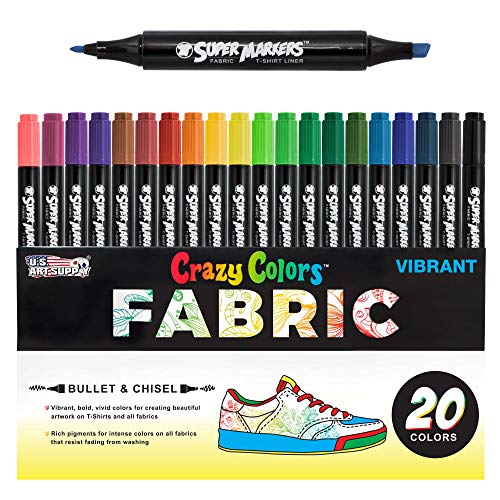 U.S. Art Supply Super Markers 20 Vibrant Dual Tip Fabric Markers - Fine & Chisel Point Pens Fabric Marker Permanent for Clothes, T-Shirts - Permanent Ink Eye-Catching Vibrant & Bold Colors - style: 20-Color Primary Set
