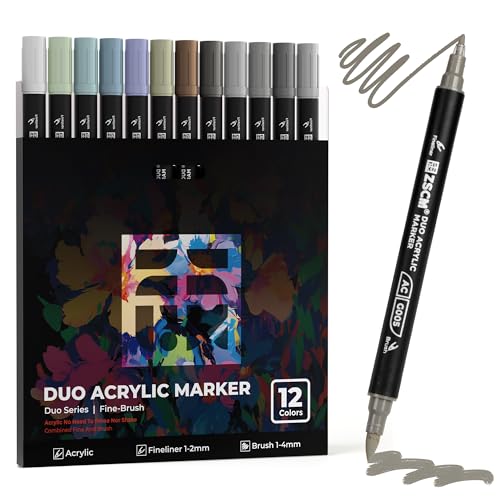 ZSCM QUALITY DECIDES THE FUTURE 12 Gray Acrylic Paint Markers, Dual Tip Acrylic Brush Pens with Fine Tip & Brush Point, Neutral Gray Acrylic Markers for Shading Sketching Wood Canvas Stone Glass - color: 12 Gray