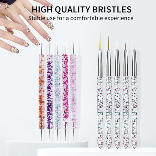 10Pcs Nail Art Brush Set, 5Pcs Double-Ended Dotting Tools & 5Pcs Fine Liner Brushes, Nail Design Brushes Kit for Detailing, Dotting & Striping Designs - color: 10Pcs Art Brushes