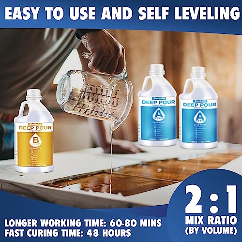 Shabebe Deep Pour Epoxy Resin 3 Gallon, 2 to 4 Inch Depth Clear Epoxy Resin Kit with Mixer, Bubble Free, Low Odor 2:1 Casting Resin for Table Top, Countertop, River Table, Wood Filler, Bar Top - size: 3 Gallon