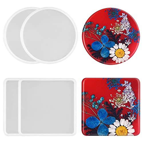 4 PCS Thickened Coaster Resin Molds, Coaster Silicone Molds for Epoxy Resin, Epoxy Resin Molds for DIY Resin Coasters Bowl mats, Candle Holders, Home Decoration - color: 2PCS Round + 2PCS Square Coaster Molds