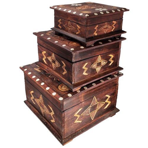 Hand-Carved Wooden Keepsake Box Collection – Decorative Rustic Storage Box, Jewelry Box, Trinket Organizer, Handmade Artisan Wood Home Décor (Box Lg & Med & Sm (Set of 3)) - size: Box Lg & Med & Sm (Set of 3)