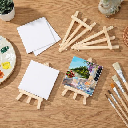 MotiMind 36 Pcs Mini Canvas and Easel Set for Painting, 4 x 4 Inch Canvas Panels with 6 Inch Wooden Easels for Oil Acrylic Painting Christmas Birthday Valentine's Mother's Day Art Crafts Party Favors - size: 4 x 4 Inch