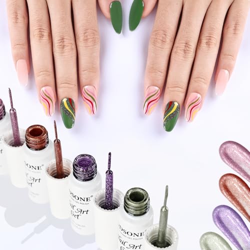 JODSONE Nail Art Gel Liner Set 10 Colors Glitter Purple Gold Green Gel Nail Polish Need U V Lamp Cured with Thin Brush at Home Salon Design,Gifts for Women - color: LB1201-LB1210
