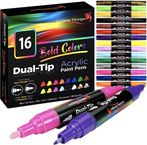 16 Dual-Tip Acrylic Paint Pens, Both Extra Fine and Medium Tip Paint Markers for Rock Painting, Mugs, Ceramic, Wine Glasses, Wood, Glass, Plastic, Most Surfaces - Water Based Non-Toxic and No Odor - color: Classic Dual-Tip