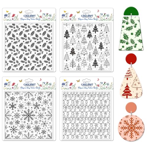 CHGCRAFT 4 Pcs Christmas Elements Polymer Clay Texture Sheets Snowflakes Silicone Texture Stamp Pine Trees Clay Texture Mat Modeling Pattern Pad Sheets for Jewelry and Earrings Tools, 5.5x5.5 inch - style: Snowflakes