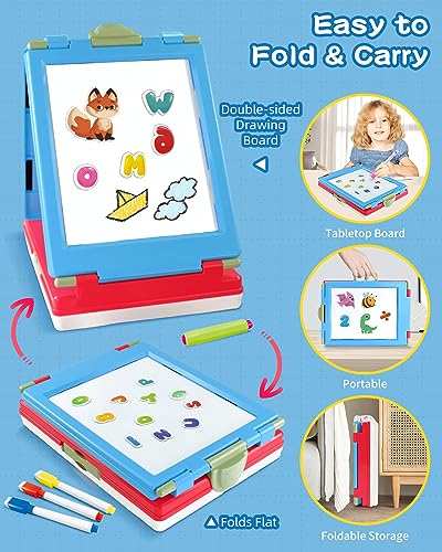 Elovien Easel for Kids, 4 in 1 Double Sided Toddler Art Easel with Chalkboard & Magnetic Whiteboard, Foldable Kids Tabletop Easel with Drawing & Writing Accessories - Gift for Boys and Girls (Blue) - color: Blue