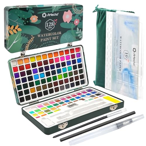Artecho Watercolor Paint Set 128 Colors, Water Colors Paint Adult Set with Watercolor Papers and Brushes, Perfect Watercolor Kit for Beginners & Professionals - style: 128 Colors