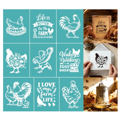 2 Sheets Farmhouse Chicken Silkscreen Stencil, Rooster Hen Self-Adhesive Silk Screen Printing Stencils Reusable Mesh Stencil for Painting on Wood, T-Shirt, Home Craft - color: Chicken