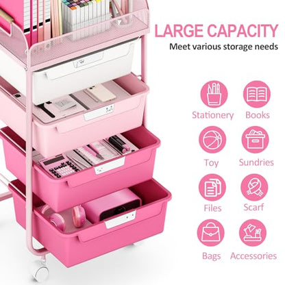 SYKIARIOL 4-Drawer Rolling Storage Cart with Mesh Top, Utility Craft Organizer Cart on Wheels with DIY Labels, Rolling Drawer Cart for Home Office Classroom Bedroom, Rose Pink - color: Pink