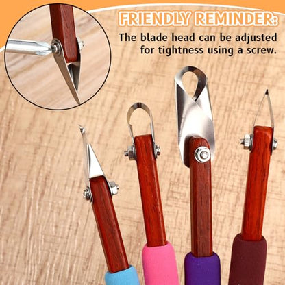 Lanties 4 Pcs Pottery Carving Tool Set Sculpture Scraper Craft Modelling Tools Red Pear Wood Texture Handle with Stainless Steel Blade for Clay Carving, Ceramic Sculpting, Graffito (Wonderful Color) - color: Wonderful Color