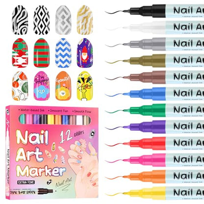 Kalolary 12 Color 0.5MM Nail Art Pens Set, 3D Nail Pens Nail Point Graffiti Dotting Pen Drawing Painting Liner Brush for DIY Nail Art Beauty Adorn Manicure Tools - color: S