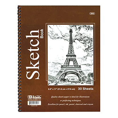 BAZIC Sketch Book 30 Ct. 8.5" X 11", Spiral Side Bound Sketchbook Drawing Pads, Sketching Paper Coloring Book for Artist Kids School, 1-Pack | 30-sheet spiral sketch book, smooth drawing paper for sketching, shading