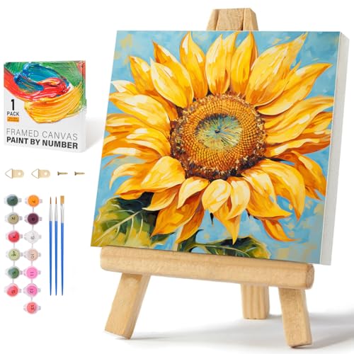 Framed Paint by Numbers Kit for Adults Beginners & Kids Ages 8-12, Sunflower Acrylic Easy Paint by Number with Frame, Watercolor Paint by Number Kits on Canvas Framed (10 * 10 Inch, without Easel) - color: BOP1PF02, size: 10 x 10 Inch