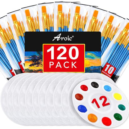 Painting Brush Palette Set, with 12 Packs of 120 Brushes and 12 Palettes,Nylon Brush Head, Suitable for Oil Watercolor, etc., Perfect Art Painting Set. - size: 120 Brushes 12 Palettes