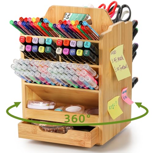 SOUJOY Bamboo Pen Holder Organizer, 360°Rotating Art Supply Storage Caddy, Hold 400+ Pencils, 15 compartments Office Desk Stand Box with Handle for Marker Pens, Colored Pencil, Art Brushes
