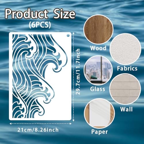 6 Sheets Wave Stencils for Painting, 6 Styles Summer Ocean Sea Wave Wall Stencil Template Reusable Beach Theme Decor Stencils for Painting on Wall Wood Home Decor - style: Waves