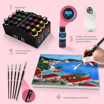 HUAL Acrylic Paint Set With 5 Brushes, 24 Colors (60ml, 2oz) for Artists Kids Beginners & Painters,Model/Canvas/Rock/Fabric/Glass/Stone/Ceramic/Wood Painting, Non Toxic - color: Black Bottle (Most Popular)