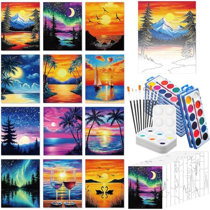 Ctosree 12 Sets Pre Drawn Canvas Kit for Painting Adults Sip and Paint Kit Art Pre Printed Canvas Bulk for Adult Date Night, Art Party & Holiday Gift(Summer Sunset,8 x 10 in) - size: 8 x 10 in, style: Summer Sunset