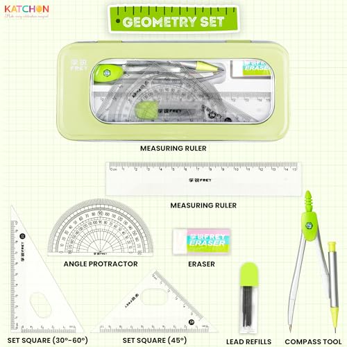 KatchOn, Geometry Set for Students - 8 Pieces | Metal Compass, Protractor, Eraser, Triangle Ruler, Lead Refills and Metal Box | Protractor and Compass Set | Back to School Supplies | Class Supplies