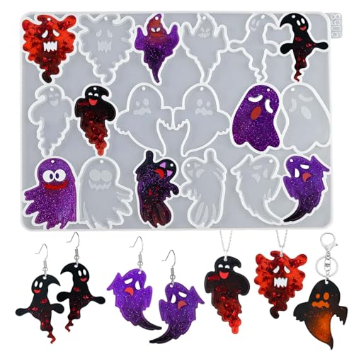 Halloween Resin Earring Molds with Holes, 9 Pair Ghost Earring Mold | Halloween Earring Silicone Molds for Resin Casting, DIY Craft Pendant Jewelry Earring Keychain Halloween Party Gifts - color: 1PCS Cute Ghost Earring Molds with Holes