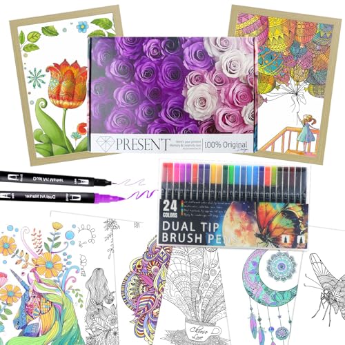 Adult Coloring Book with 24 Dual Tip Colors Markers, 12 Pcs Premium Coloring Pages & 2 Pcs Wooden Photo Frames & 24 Colors Markers, Mindfulness Art-Painting-Kits Gifts for Women - Flowers - style: 12 Pcs Coloring Pages & 2 Photo Frame