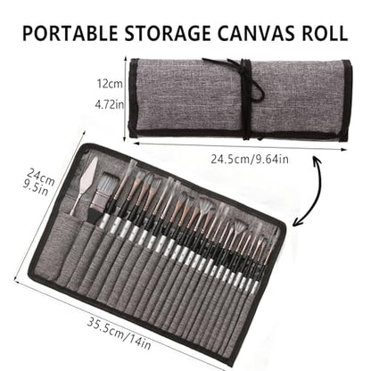24pcs Paint Brush Set, Expert Series, 23 Different Shapes + Mixing Knife with Cloth Roll Case, Enhanced Synthetic Painting Brushes Set for Acrylic, Watercolor, Oil, Gouache (Grey) - color: Gray