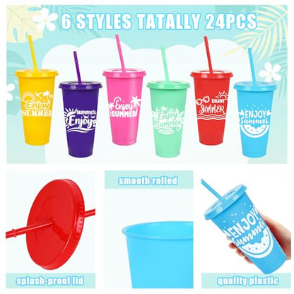 JarThenaAMCS 24 Pcs Summer Plastic Cups with Straw Lid 24 oz Cold Cups 6 Design Colorful Beach Party Plastic Tumbler for Summer Pool Party Home Office Supplies