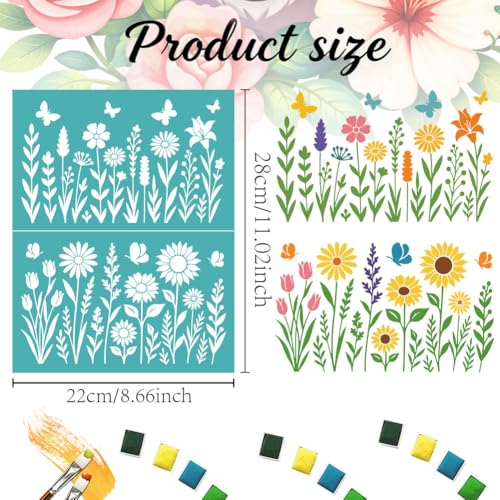 2 Sheets Wildflower Silkscreen Stencil, Flower Border Self-Adhesive Reusable Mesh Stencils Printing Stencils Templates for Screen Printing on Wood, Fabric, Walls, Garden Decor & DIY Crafts - style: Wildflowers