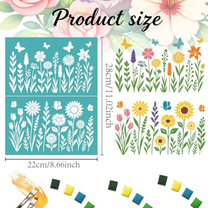 2 Sheets Wildflower Silkscreen Stencil, Flower Border Self-Adhesive Reusable Mesh Stencils Printing Stencils Templates for Screen Printing on Wood, Fabric, Walls, Garden Decor & DIY Crafts - style: Wildflowers