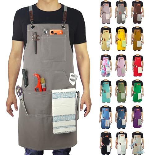 Kitchen Apron, Work Apron, Canvas, Multiple Pockets, Gardening, Painting, BBQ, Artist, Carpenter, Sizes M to XXL, Dark Gray - color: Dark Gray