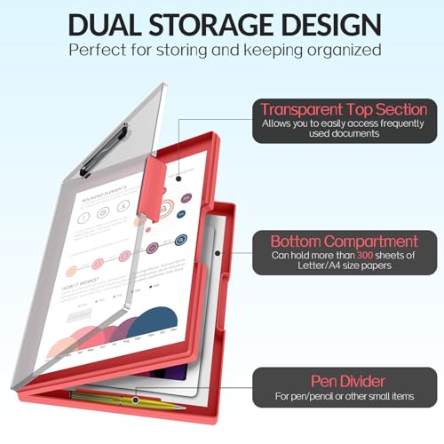 Sooez Clipboard with Storage, Heavy Duty Cleaview Clip Boards 8.5x11 with Dual Storage, Dry Erase Plastic Nursing Clipboard, High Capacity Clipboards Folder for Teacher Nurse, School & Office Supplies - color: Red