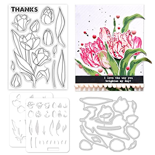 ORIGACH Realistic Tulips Stamps and Die and Layering Coloring Stencil Bundle for Card Making Album Arts Crafts Supplies - color: Tulips