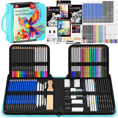 133 PCS Art Supplies Sketching Kit, Pro Drawing Pencils with Sketchbook, Coloring Book, Watercolor Pad, Black Paper Pad, Colored Graphite Charcoal Watercolor & Metallic Pencils for Artists Adults - color: Green, size: 133 Pack