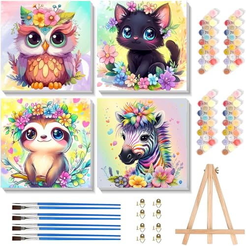 4 Pack Paint by Numbers Kit for Kids with Frame - Wooden Easel, Animal Paint by Numbers for Kids Ages 4 8 12, Easy Owl Cat Sloth Zebra Acrylic Oil Painting Kits for Home Wall Decoration 8x8 inch - color: BKH1220-BKH1223