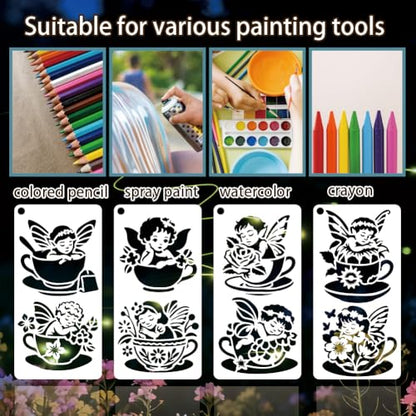 12 Sheets Teacup Fairy Stencils for Painting, 12 Styles Plastic Tea Time Drawing Template Flower Wing Butterfly Art Templates for Painting on Wall Wood Home Decor - style: Teacup Fairy