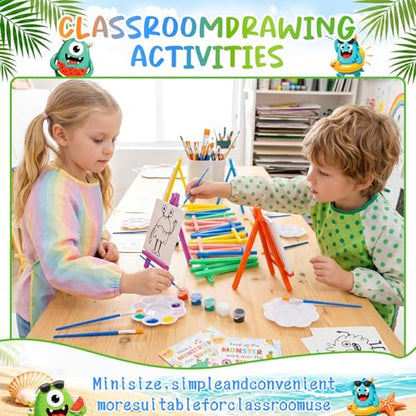 Eaasty 24 Set Mini Acrylic Paint Kit for Kids Monster Watercolor Painting Set Acrylic Paint Canvas Brushes Easel with Cards Bulk for Summer Themed Party Gifts Favor Kids Artists Beginner