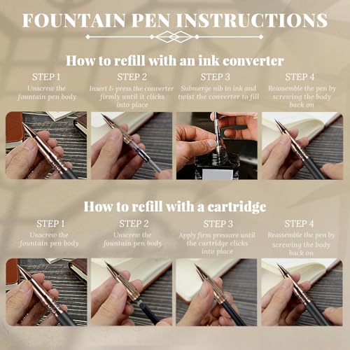 YUNCHUN Refillable Fountain Pen Fine Nib, Fancy Ink Pen with 10 Black & 10 Blue Ink Refills Cartridges, Cool Ink Pens for Writing, Business Metal, Best Gift Set for Men & Women, Blcak - color: Black, style: Fine Point