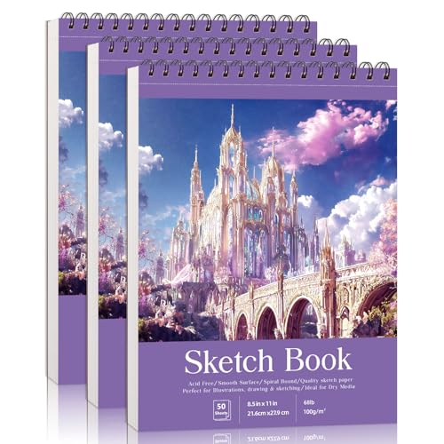 Prudiut Sketch Book 3 Pack, 8.5X11In Violet Spiral Bound Sketch Pad, 50 Sheets 68lb/100gsm Acid-Free Paper, Sketchbooks for Drawing Women Artists, Dry Media Charcoal Pencil Art Supplies Portfolio - color: Violet, size: 8.5 x 11inch(3 Pack)