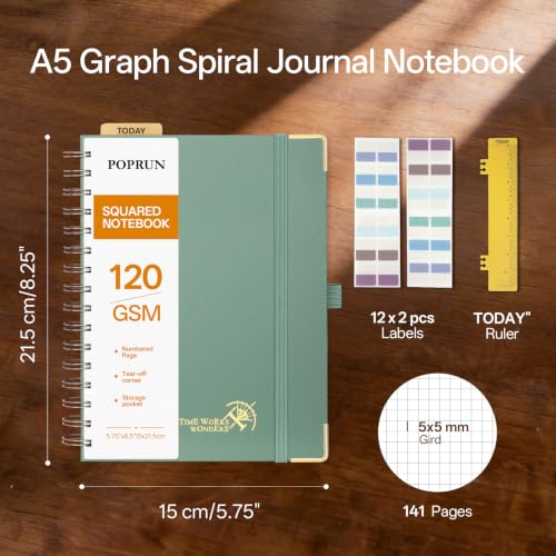POPRUN Graph Spiral Journal Notebook - A5, 141 Pages Grid Notebooks for Women Men, 120 GSM Hardcover Graphing Journals for Work, School, Engineering & Graphing, 5.75'' x 8.25'', Midnight Green - color: Midnight Green, style: Grid
