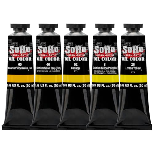Soho Urban Artist Oil Paint Yellows Set of 5-50 mL Tubes, Triple-Milled Oils with Refined Linseed - Smooth Application, True Color Mixes, Ideal for Brushes & Palette Knives - color: Yellows, size: 1.69 Fl Oz (Pack of 5)