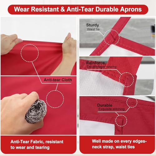 SHEOMERN 3 Pcs Dual Waterproof Oilproof Kitchen Chef Aprons with 4 Pockets for Men Women, Adjustable Soft Anti-Tear Cooking Bib Apron for Baking Grilling BBQ Painting Cleaning (Red) - color: Red