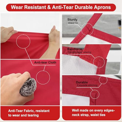 SHEOMERN 3 Pcs Dual Waterproof Oilproof Kitchen Chef Aprons with 4 Pockets for Men Women, Adjustable Soft Anti-Tear Cooking Bib Apron for Baking Grilling BBQ Painting Cleaning (Red) - color: Red