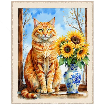 Animal Paint by Numbers Kit for Adults - DIY Orange Tabby Cat and Sunflowers Painting on Canvas 16x20 Inches, Acrylic Paint Set, Suitable for Beginners, Pet Art for Home Decoration or Gifts