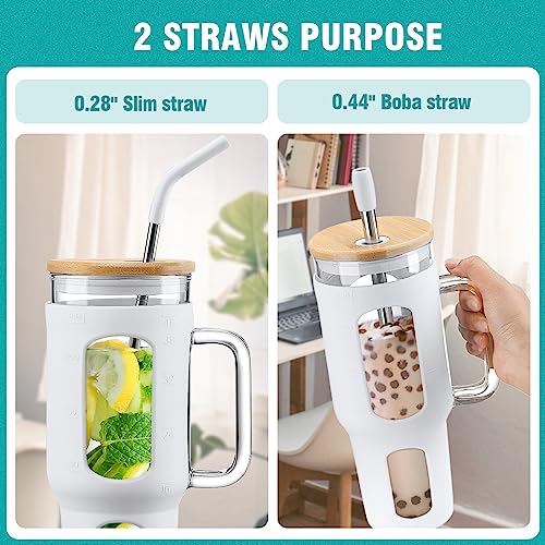 WINSA Glass Tumbler with Lid and Straw, 46 oz Iced Coffee Cup with Handle, Large Water Bottles with Silicone Sleeve, Glass Cup with Straws - Pearl Straw & Drinking Straw BPA Free-White - color: White, size: 46 Ounces