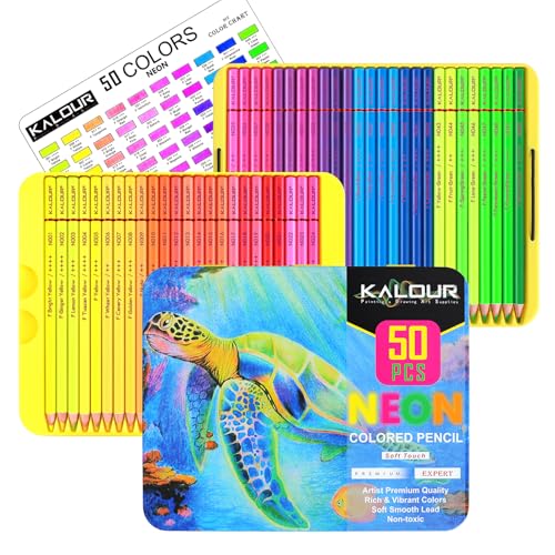 KALOUR PDAS 50 Neon Colored Pencils for Adult Coloring Books, Fluorescent colored Professional Drawing pencils Set Art Supplies Kit for Adults Beginners Artists, Soft Core